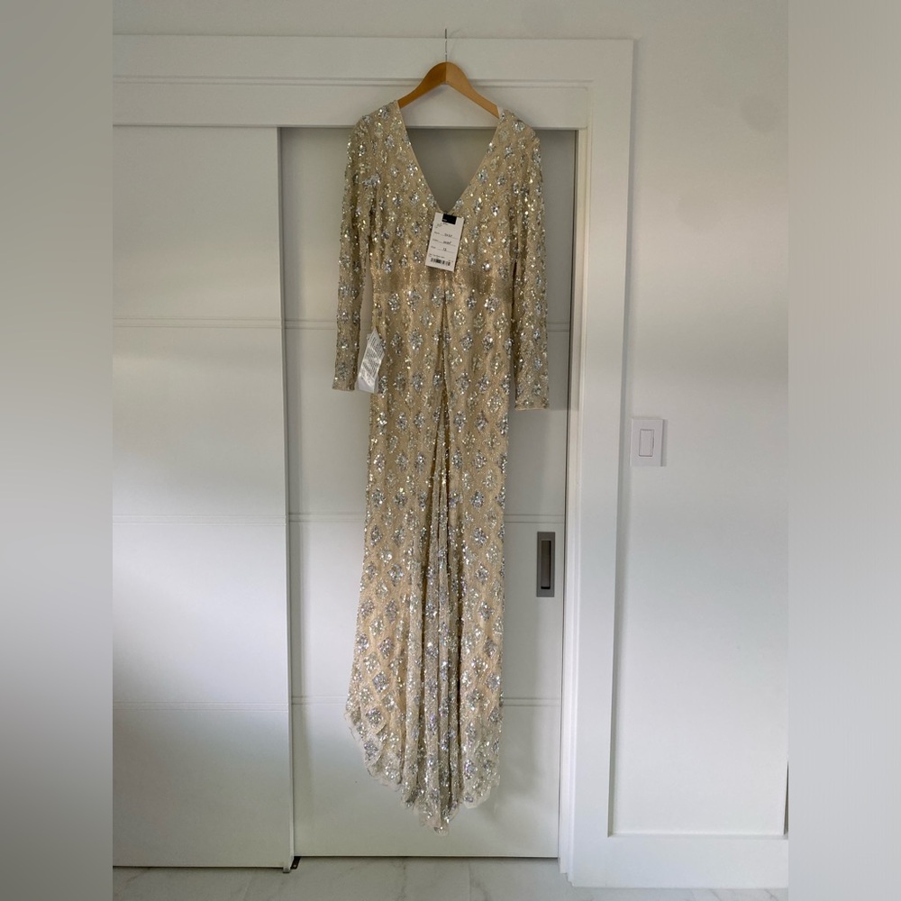 Mac Duggal Long Sleeve Cream Gown with Silver Accents - Picture 8 of 10